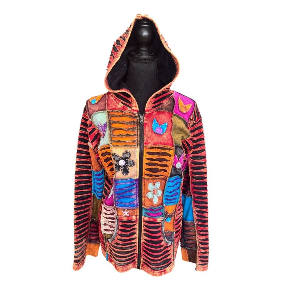 Windhorse Handmade Boho Patchwork Hooded Jacket XL Multicolor 100% Cotton Artsy